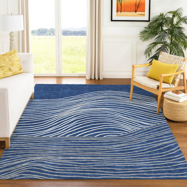 HomeRoots 8' X 10' Navy Blue and Ivory Striped Indoor Outdoor Area Rug - Durable, Washable, Timeless Design 660970