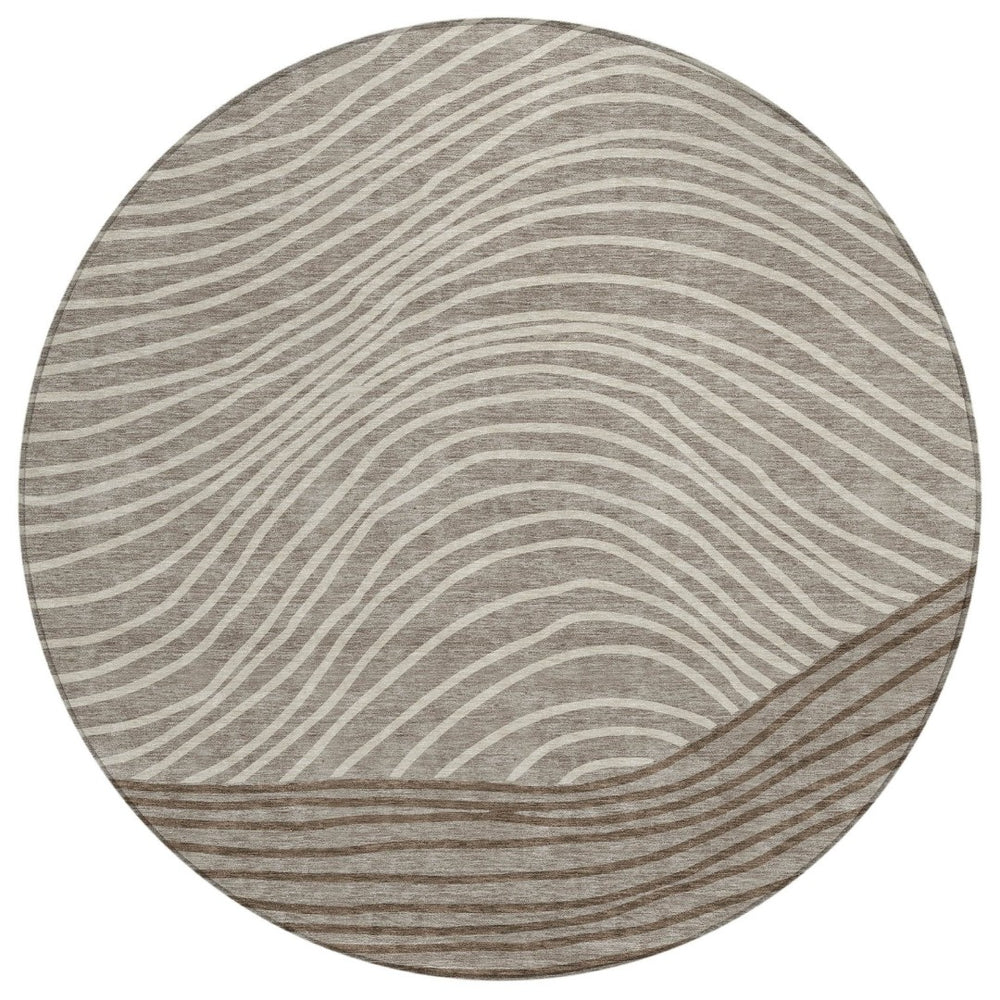 HomeRoots 8' Round Striped Area Rug in Taupe, Beige & Brown – Stylish, Washable, Stain-Resistant for Indoors & Outdoors 660975