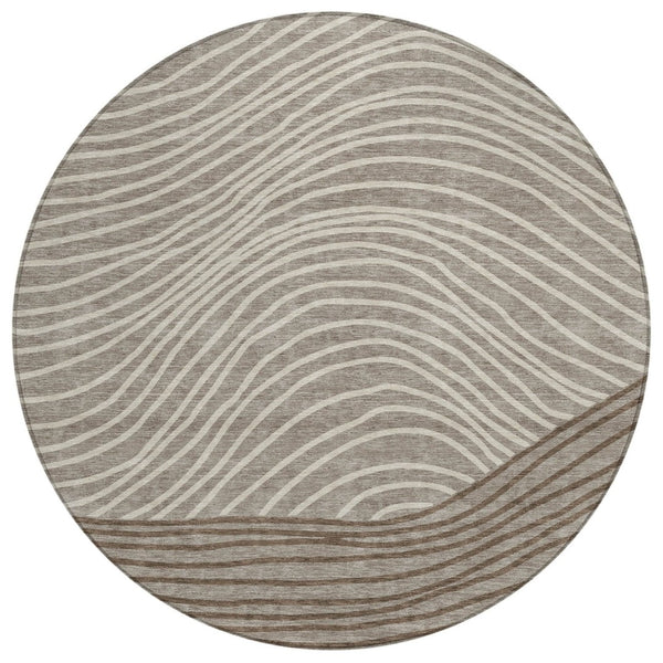 HomeRoots 8' Round Striped Area Rug in Taupe, Beige & Brown – Stylish, Washable, Stain-Resistant for Indoors & Outdoors 660975