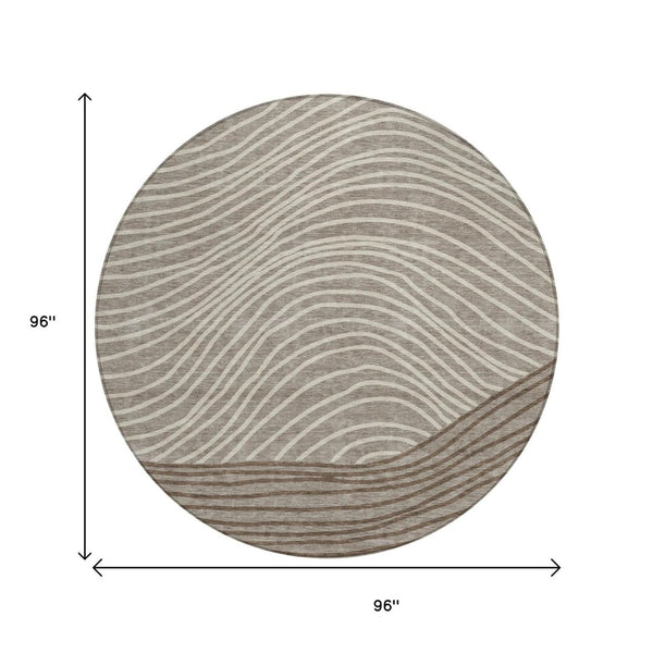 HomeRoots 8' Round Striped Area Rug in Taupe, Beige & Brown – Stylish, Washable, Stain-Resistant for Indoors & Outdoors 660975