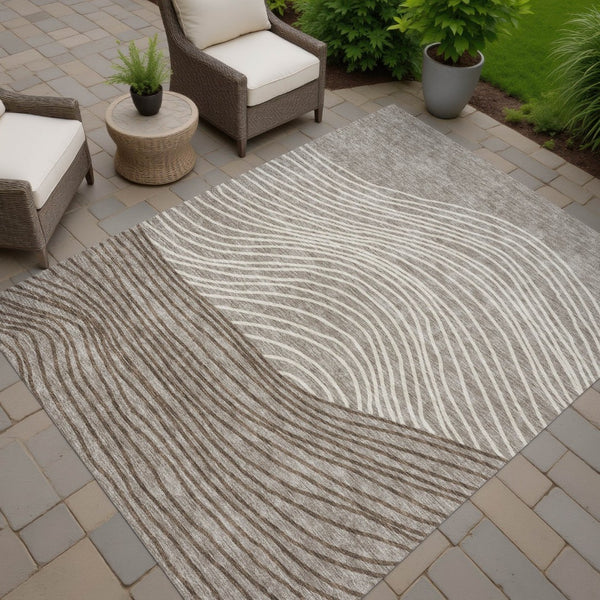HomeRoots 9' X 12' Durable Taupe Beige Brown Striped Area Rug – Washable, Stylish for Indoor & Outdoor Use! 660977