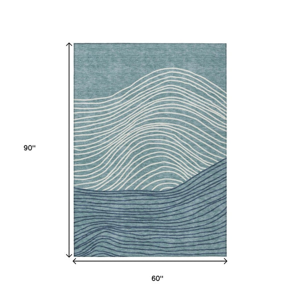 HomeRoots 5' X 8' Coastal Teal Blue & Ivory Striped Area Rug – Durable, Washable for Indoor/Outdoor Use! 660980