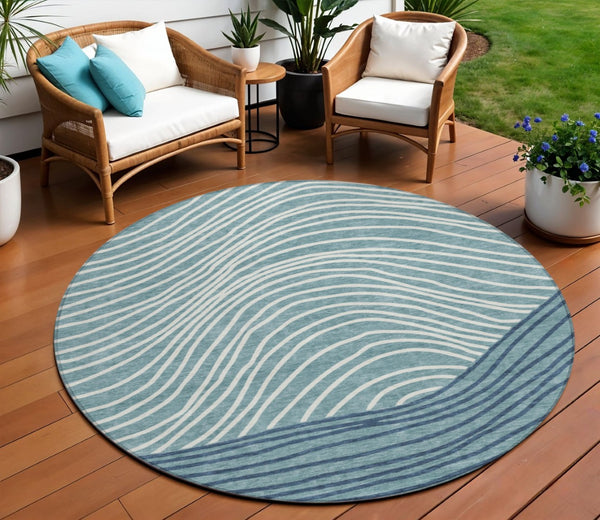 HomeRoots 8' Teal Blue and Ivory Striped Area Rug – Modern Washable Design for Indoor & Outdoor Durability 660981
