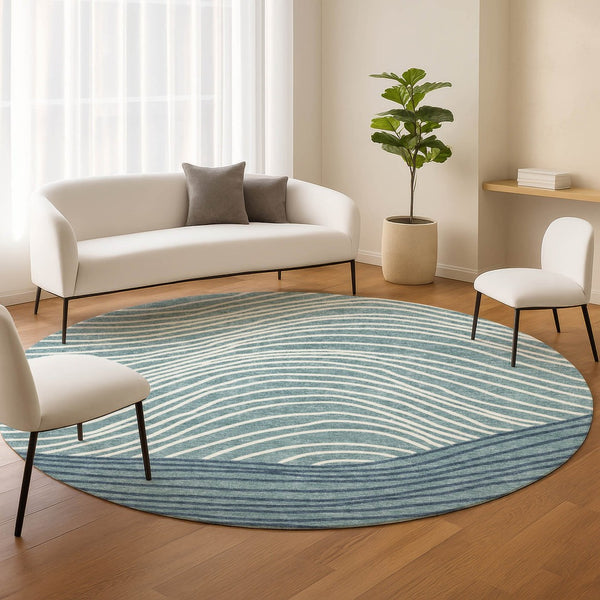 HomeRoots 8' Teal Blue and Ivory Striped Area Rug – Modern Washable Design for Indoor & Outdoor Durability 660981