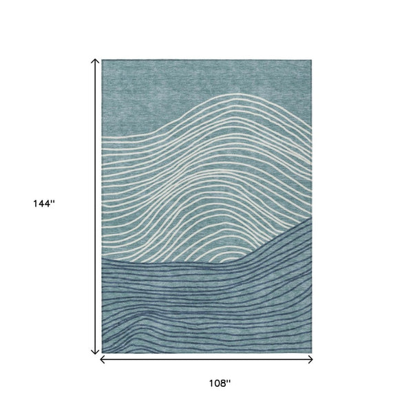 HomeRoots 9' X 12' Teal Blue & Ivory Striped Washable Rug – Coastal Style for Indoor & Outdoor Spaces! 660983