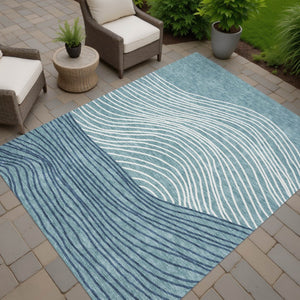 HomeRoots 9' X 12' Teal Blue & Ivory Striped Washable Rug – Coastal Style for Indoor & Outdoor Spaces! 660983