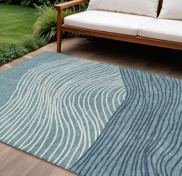 HomeRoots 10' Teal Blue & Ivory Striped Washable Area Rug – Durable, Stylish for Indoor/Outdoor Use & Easy Care! 660984
