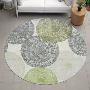 HomeRoots 8' Modern Round Abstract Area Rug in Artichoke Green, Ivory & Gray – Washable for Indoor & Outdoor Use 660987