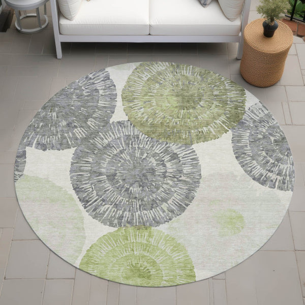 HomeRoots 8' Modern Round Abstract Area Rug in Artichoke Green, Ivory & Gray – Washable for Indoor & Outdoor Use 660987