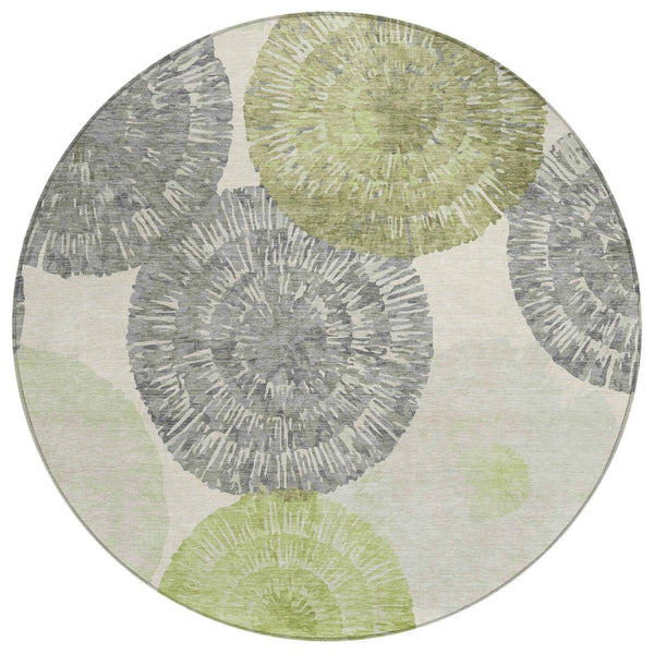 HomeRoots 8' Modern Round Abstract Area Rug in Artichoke Green, Ivory & Gray – Washable for Indoor & Outdoor Use 660987