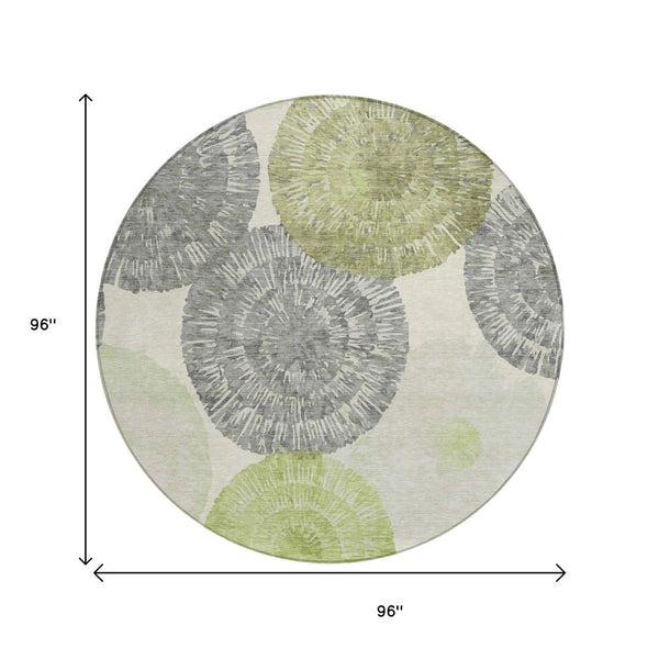 HomeRoots 8' Modern Round Abstract Area Rug in Artichoke Green, Ivory & Gray – Washable for Indoor & Outdoor Use 660987