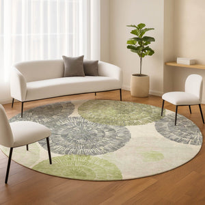 HomeRoots 8' Modern Round Abstract Area Rug in Artichoke Green, Ivory & Gray – Washable for Indoor & Outdoor Use 660987