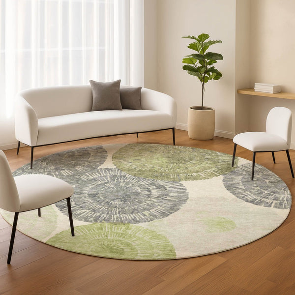 HomeRoots 8' Modern Round Abstract Area Rug in Artichoke Green, Ivory & Gray – Washable for Indoor & Outdoor Use 660987
