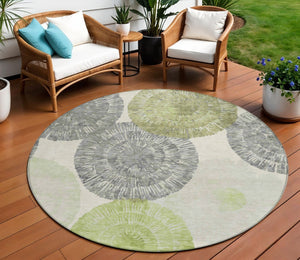 HomeRoots 8' Modern Round Abstract Area Rug in Artichoke Green, Ivory & Gray – Washable for Indoor & Outdoor Use 660987