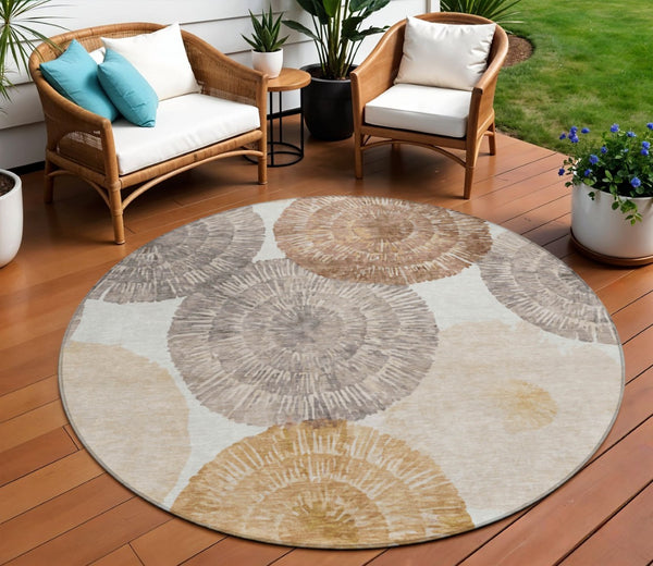 HomeRoots 8' Copper, Ivory & Gray Round Abstract Rug - Stylish, Washable, Indoor/Outdoor, Durable & Easy Care 660993