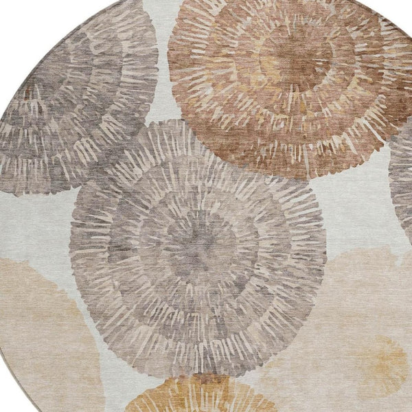 HomeRoots 8' Copper, Ivory & Gray Round Abstract Rug - Stylish, Washable, Indoor/Outdoor, Durable & Easy Care 660993