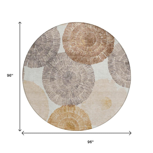 HomeRoots 8' Copper, Ivory & Gray Round Abstract Rug - Stylish, Washable, Indoor/Outdoor, Durable & Easy Care 660993