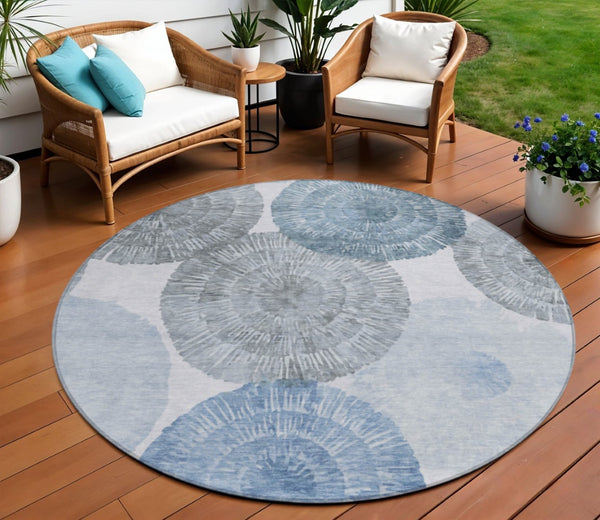 HomeRoots 8' Round Abstract Area Rug in Denim Blue, Ivory & Gray - Stylish, Washable, Indoor/Outdoor Use! 660999