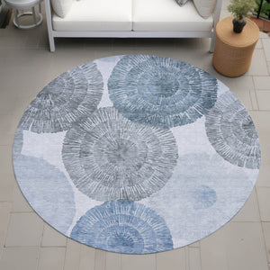 HomeRoots 8' Round Abstract Area Rug in Denim Blue, Ivory & Gray - Stylish, Washable, Indoor/Outdoor Use! 660999