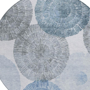 HomeRoots 8' Round Abstract Area Rug in Denim Blue, Ivory & Gray - Stylish, Washable, Indoor/Outdoor Use! 660999
