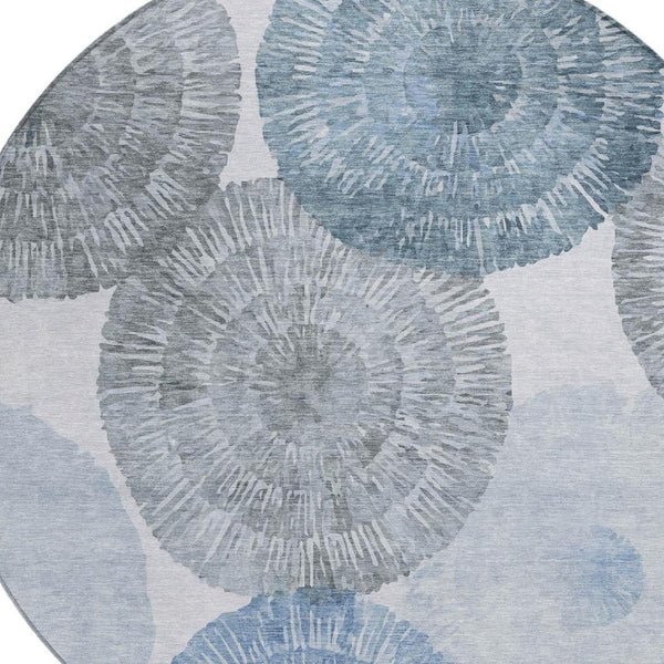 HomeRoots 8' Round Abstract Area Rug in Denim Blue, Ivory & Gray - Stylish, Washable, Indoor/Outdoor Use! 660999