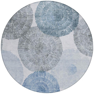 HomeRoots 8' Round Abstract Area Rug in Denim Blue, Ivory & Gray - Stylish, Washable, Indoor/Outdoor Use! 660999