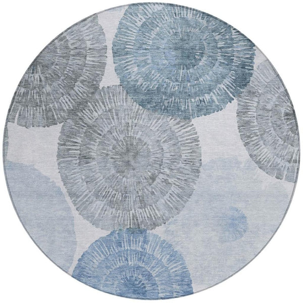 HomeRoots 8' Round Abstract Area Rug in Denim Blue, Ivory & Gray - Stylish, Washable, Indoor/Outdoor Use! 660999