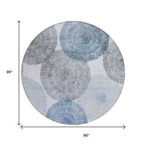 HomeRoots 8' Round Abstract Area Rug in Denim Blue, Ivory & Gray - Stylish, Washable, Indoor/Outdoor Use! 660999