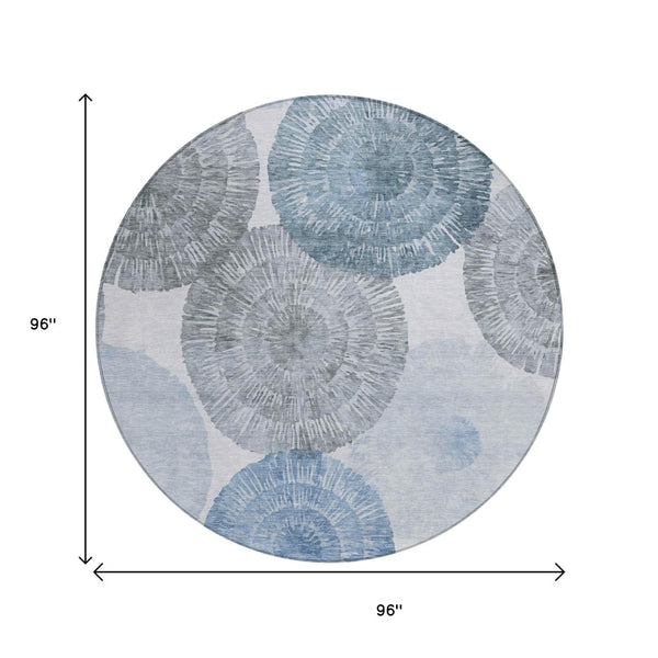 HomeRoots 8' Round Abstract Area Rug in Denim Blue, Ivory & Gray - Stylish, Washable, Indoor/Outdoor Use! 660999