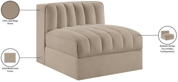 Meridian Furniture Rummi Channel Tufted Velvet Modular Chair for Modern and Contemporary Living Rooms Beige Armless 660Beige-Armless