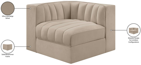 Meridian Furniture Rummi Channel Tufted Velvet Modular Chair for Modern and Contemporary Living Rooms Beige Corner 660Beige-Corner