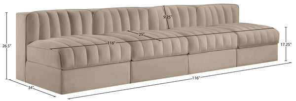 Meridian Furniture Rummi Four Piece Modular Sofa Beige Velvet Channel Tufted Low Profile Living Room 660Beige-S116