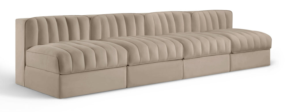 Meridian Furniture Rummi Four Piece Modular Sofa Beige Velvet Channel Tufted Low Profile Living Room 660Beige-S116