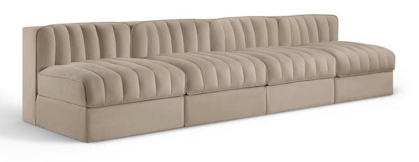 Meridian Furniture Rummi Four Piece Modular Sofa Beige Velvet Channel Tufted Low Profile Living Room 660Beige-S116