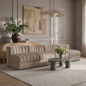 Meridian Furniture Rummi Four Piece Modular Sofa Beige Velvet Channel Tufted Low Profile Living Room 660Beige-S116