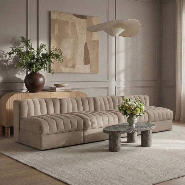 Meridian Furniture Rummi Four Piece Modular Sofa Beige Velvet Channel Tufted Low Profile Living Room 660Beige-S116