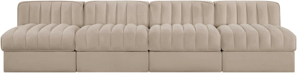 Meridian Furniture Rummi Four Piece Modular Sofa Beige Velvet Channel Tufted Low Profile Living Room 660Beige-S116