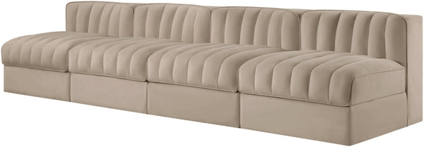 Meridian Furniture Rummi Four Piece Modular Sofa Beige Velvet Channel Tufted Low Profile Living Room 660Beige-S116
