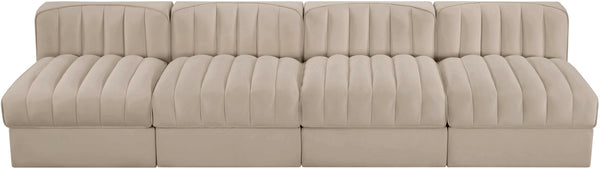 Meridian Furniture Rummi Four Piece Modular Sofa Beige Velvet Channel Tufted Low Profile Living Room 660Beige-S116