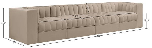 Meridian Furniture Rummi Four Piece Modular Sofa with Channel Tufting in Stain Resistant Velvet 660Beige-S126