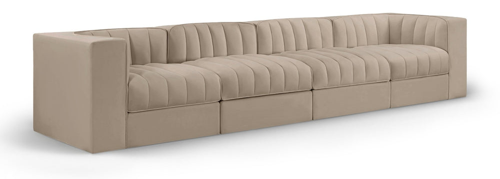 Meridian Furniture Rummi Four Piece Modular Sofa with Channel Tufting in Stain Resistant Velvet 660Beige-S126