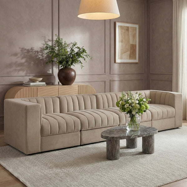 Meridian Furniture Rummi Four Piece Modular Sofa with Channel Tufting in Stain Resistant Velvet 660Beige-S126
