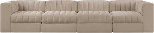 Meridian Furniture Rummi Four Piece Modular Sofa with Channel Tufting in Stain Resistant Velvet 660Beige-S126