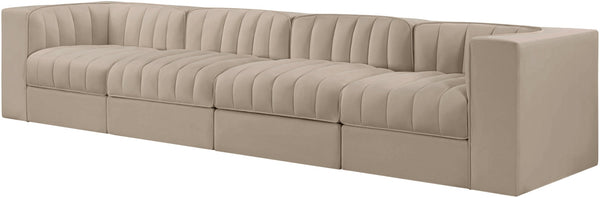 Meridian Furniture Rummi Four Piece Modular Sofa with Channel Tufting in Stain Resistant Velvet 660Beige-S126