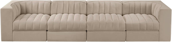 Meridian Furniture Rummi Four Piece Modular Sofa with Channel Tufting in Stain Resistant Velvet 660Beige-S126