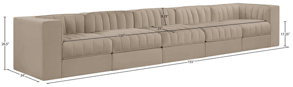 Meridian Furniture Rummi Five Piece Channel Tufted Modular Sofa in Stain Resistant Beige Velvet 660Beige-S155