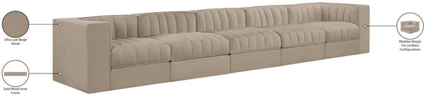 Meridian Furniture Rummi Five Piece Channel Tufted Modular Sofa in Stain Resistant Beige Velvet 660Beige-S155