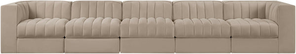 Meridian Furniture Rummi Five Piece Channel Tufted Modular Sofa in Stain Resistant Beige Velvet 660Beige-S155
