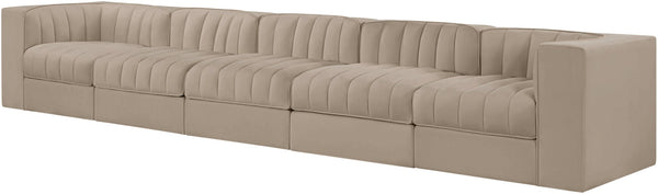 Meridian Furniture Rummi Five Piece Channel Tufted Modular Sofa in Stain Resistant Beige Velvet 660Beige-S155