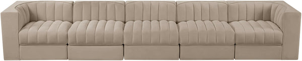 Meridian Furniture Rummi Five Piece Channel Tufted Modular Sofa in Stain Resistant Beige Velvet 660Beige-S155